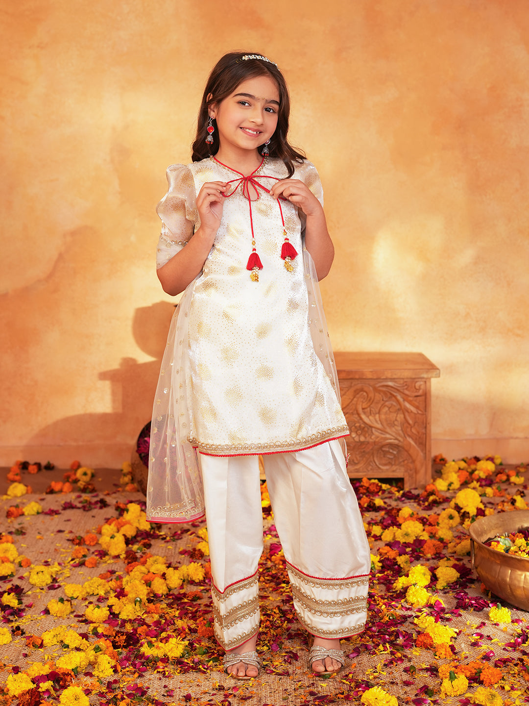Pspeaches Girls Off-White Ethnic Foil Print Organza pakistani A-Line Kurta & farsi Pant With Dupatta ( Sku-Ks-Offwhitedupion )