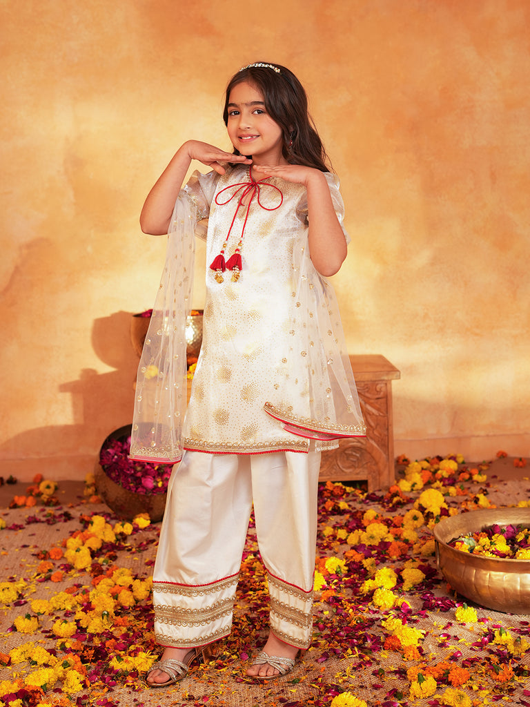 Pspeaches Girls Off-White Ethnic Foil Print Organza pakistani A-Line Kurta & farsi Pant With Dupatta ( Sku-Ks-Offwhitedupion )