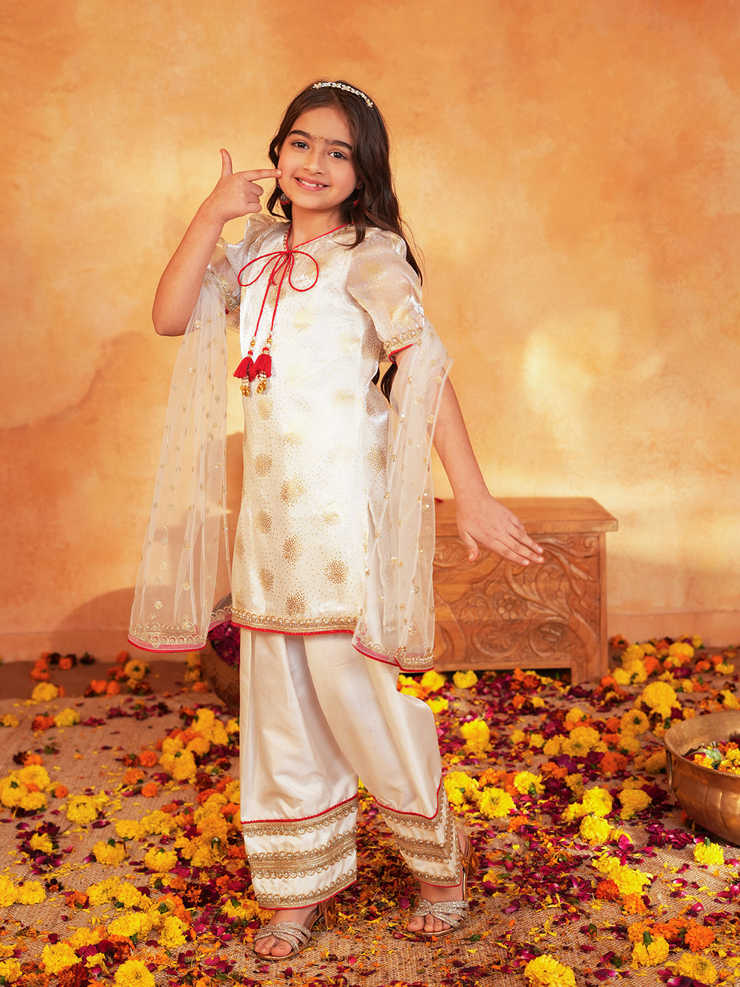 Pspeaches Girls Off-White Ethnic Foil Print Organza pakistani A-Line Kurta & farsi Pant With Dupatta ( Sku-Ks-Offwhitedupion )