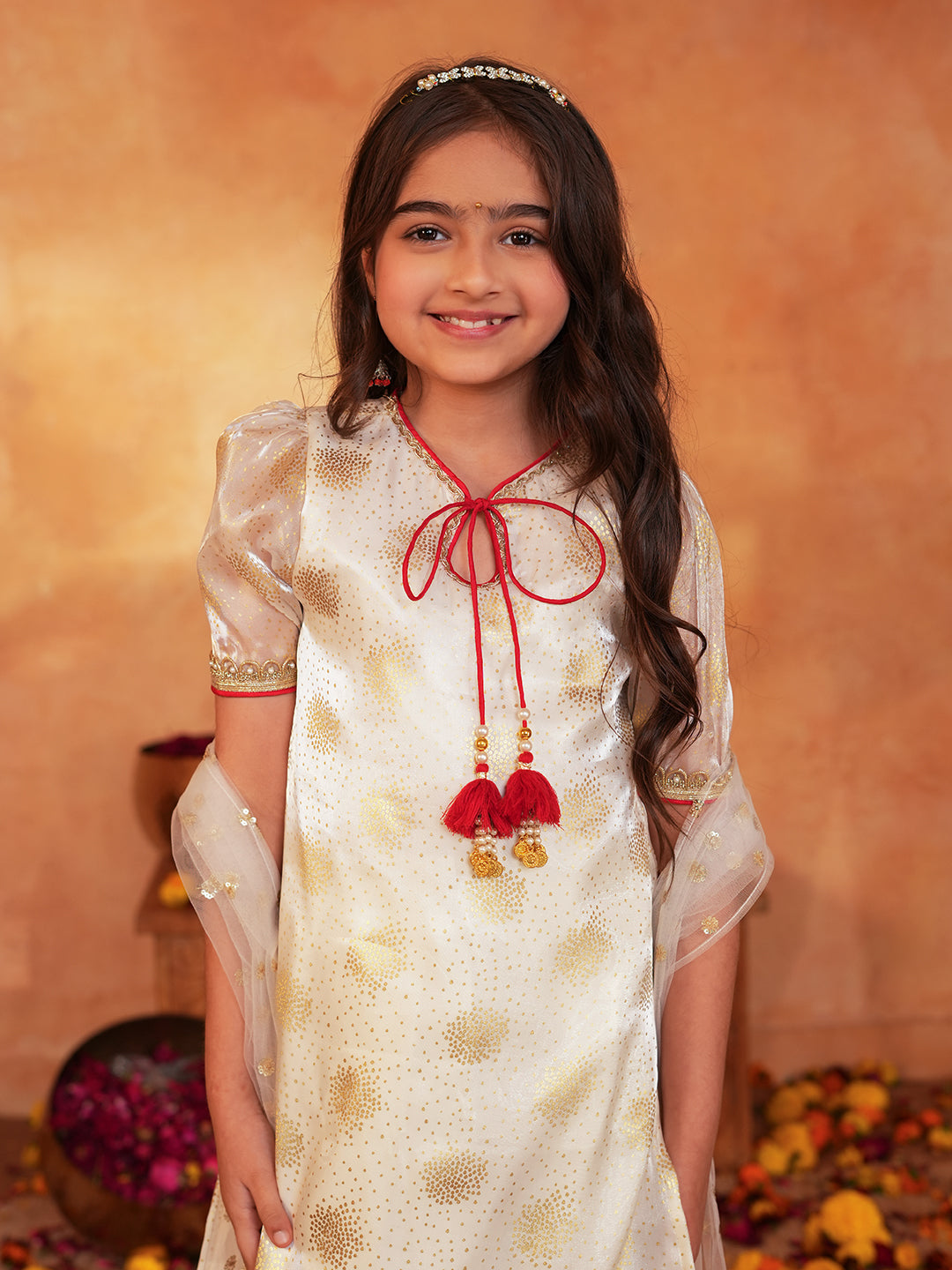 Pspeaches Girls Off-White Ethnic Foil Print Organza pakistani A-Line Kurta & farsi Pant With Dupatta ( Sku-Ks-Offwhitedupion )