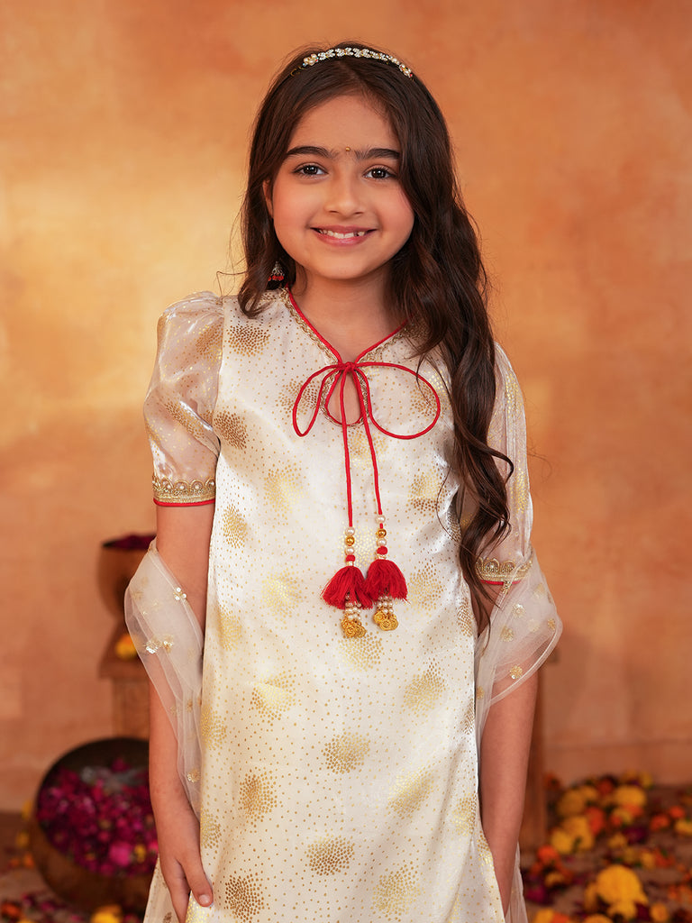 Pspeaches Girls Off-White Ethnic Foil Print Organza pakistani A-Line Kurta & farsi Pant With Dupatta ( Sku-Ks-Offwhitedupion )