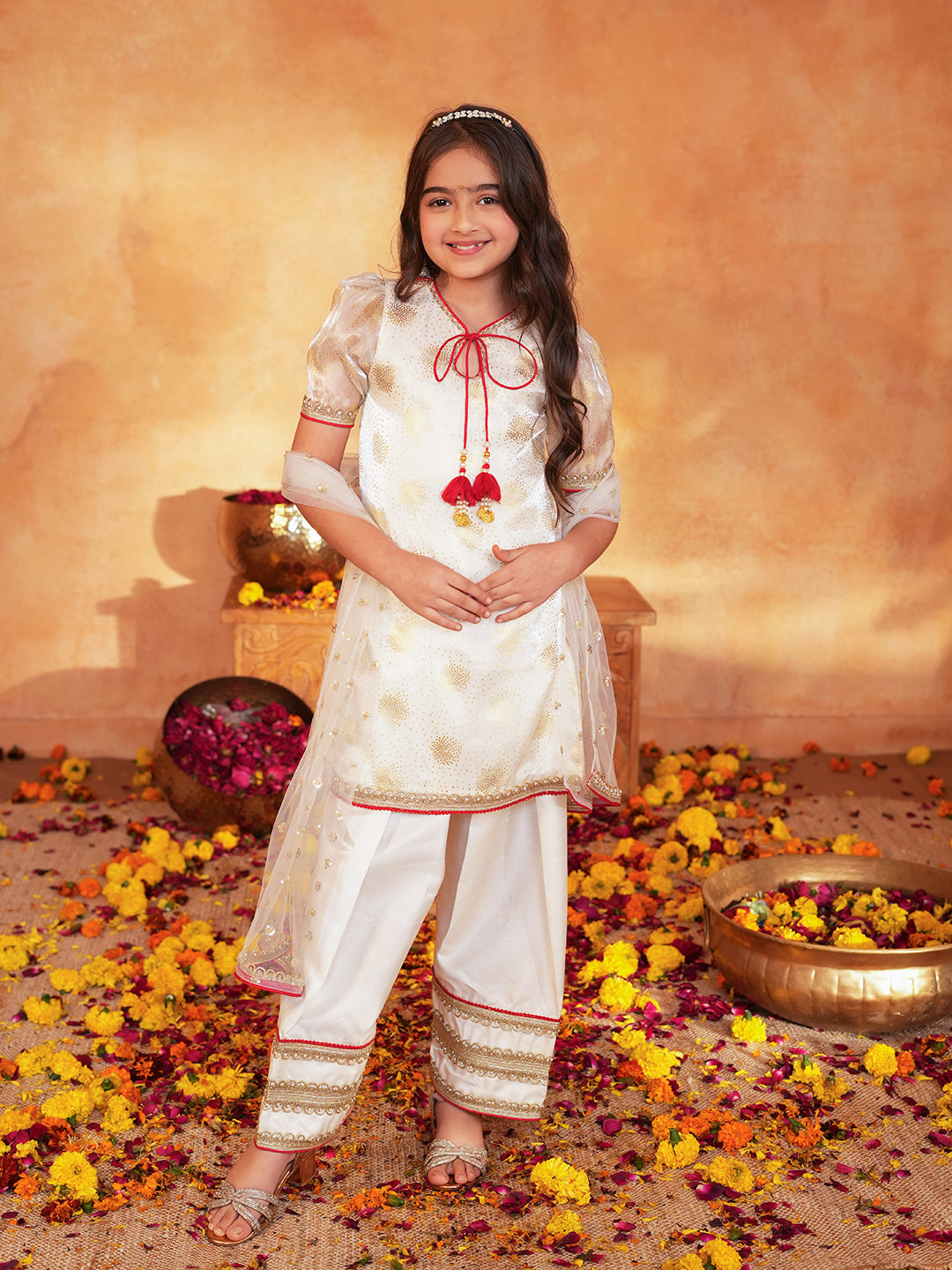 Pspeaches Girls Off-White Ethnic Foil Print Organza pakistani A-Line Kurta & farsi Pant With Dupatta ( Sku-Ks-Offwhitedupion )