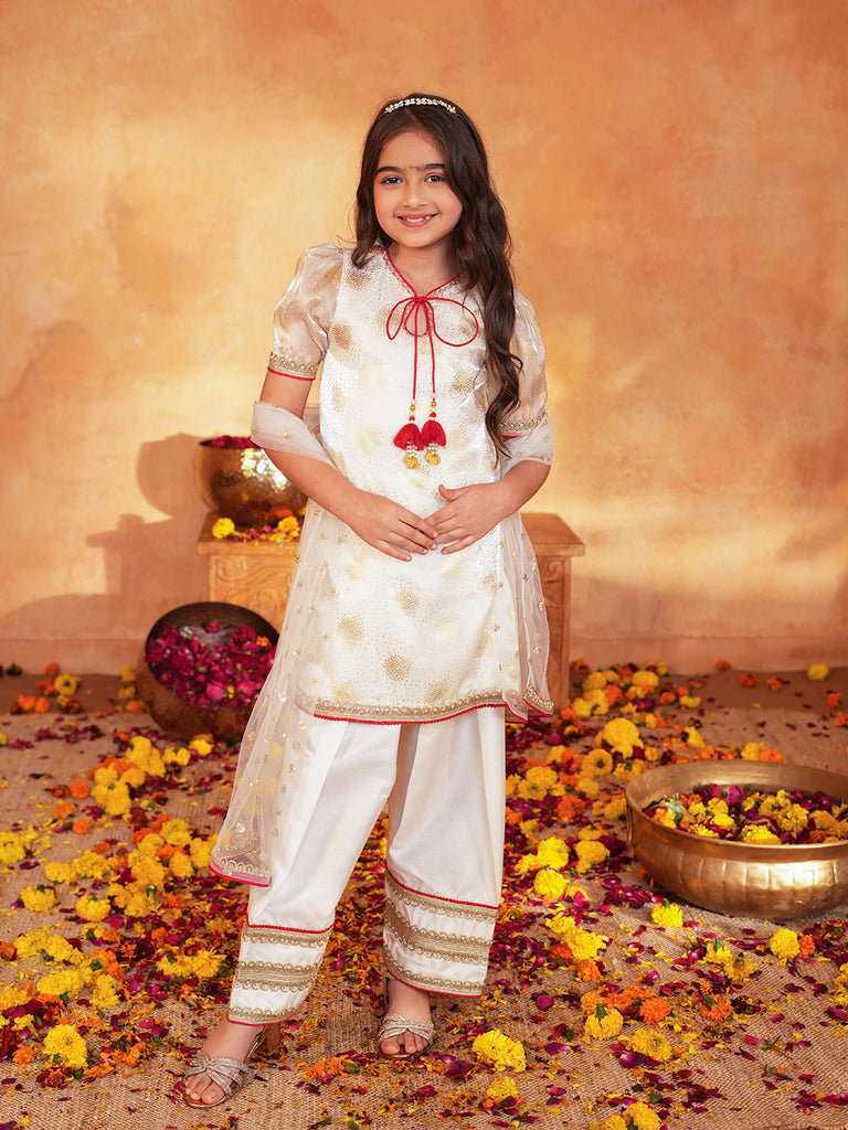 Pspeaches Girls Off-White Ethnic Foil Print Organza pakistani A-Line Kurta & farsi Pant With Dupatta ( Sku-Ks-Offwhitedupion )