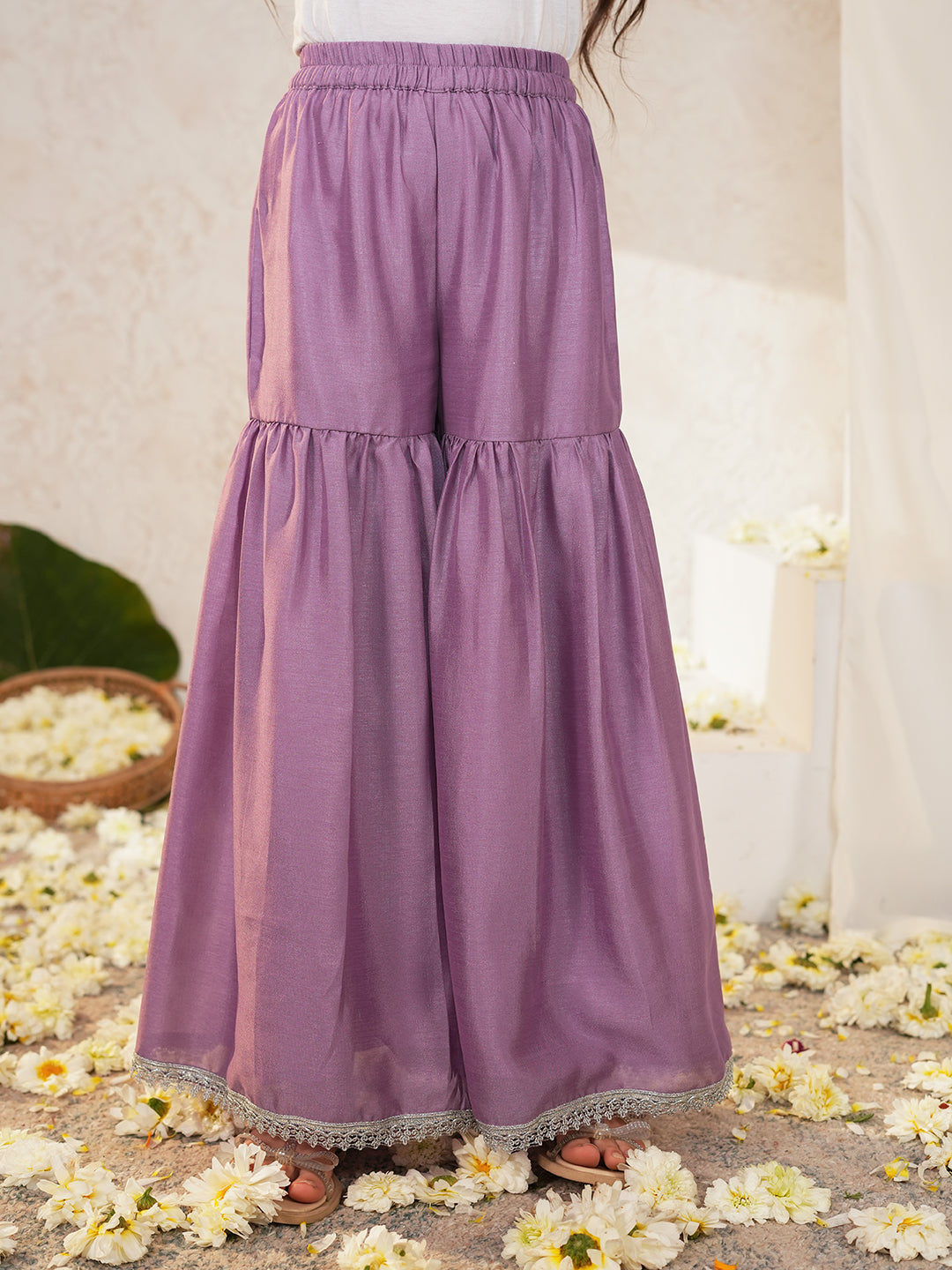 Pspeaches Girls Purple Ethnic Embroidered Silk Straight Fit Kurta & Sharara With Dupatta ( Sku-Sha-Purplevich )