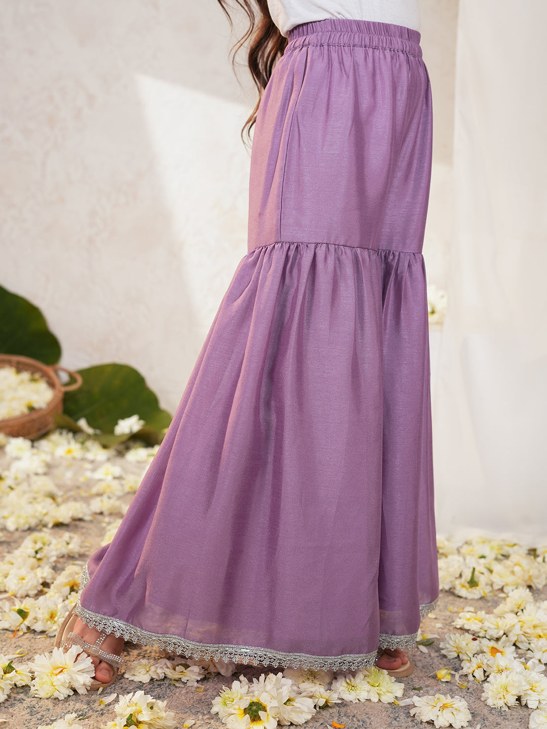 Pspeaches Girls Purple Ethnic Embroidered Silk Straight Fit Kurta & Sharara With Dupatta ( Sku-Sha-Purplevich )