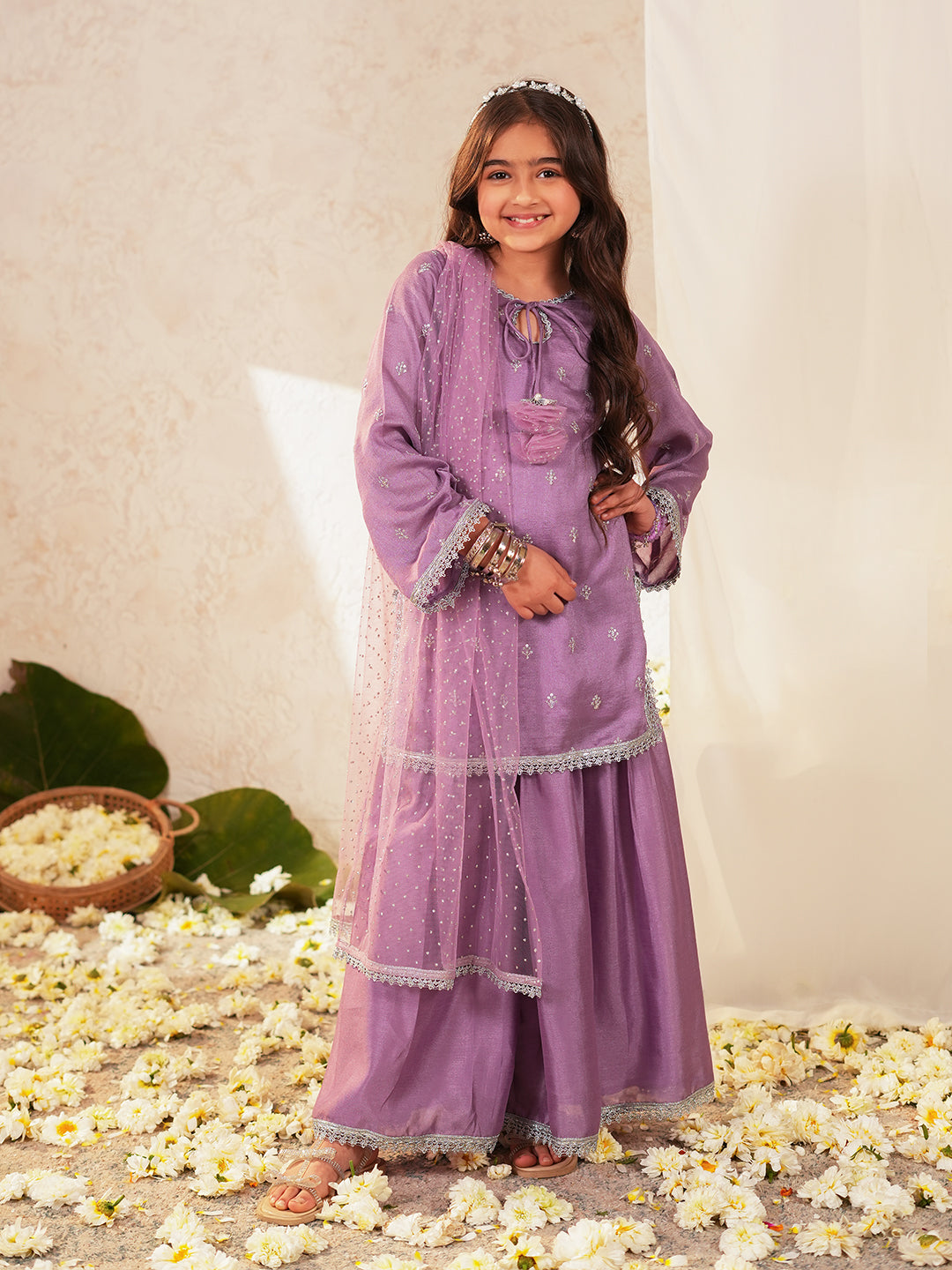 Pspeaches Girls Purple Ethnic Embroidered Silk Straight Fit Kurta & Sharara With Dupatta ( Sku-Sha-Purplevich )
