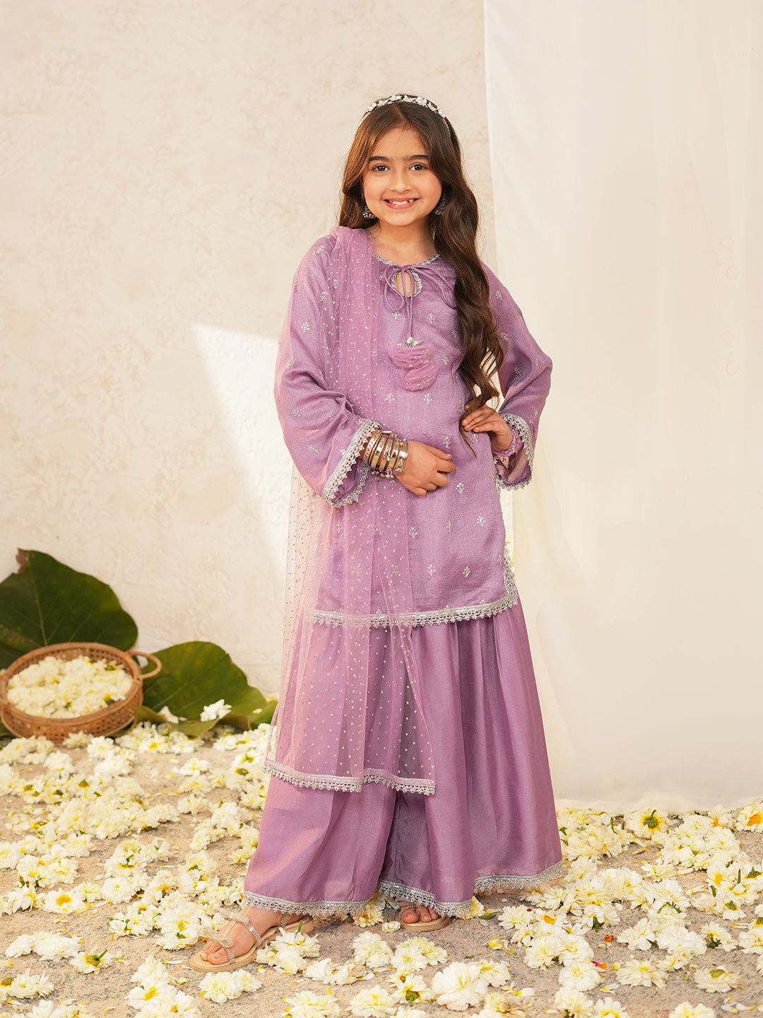 Pspeaches Girls Purple Ethnic Embroidered Silk Straight Fit Kurta & Sharara With Dupatta ( Sku-Sha-Purplevich )