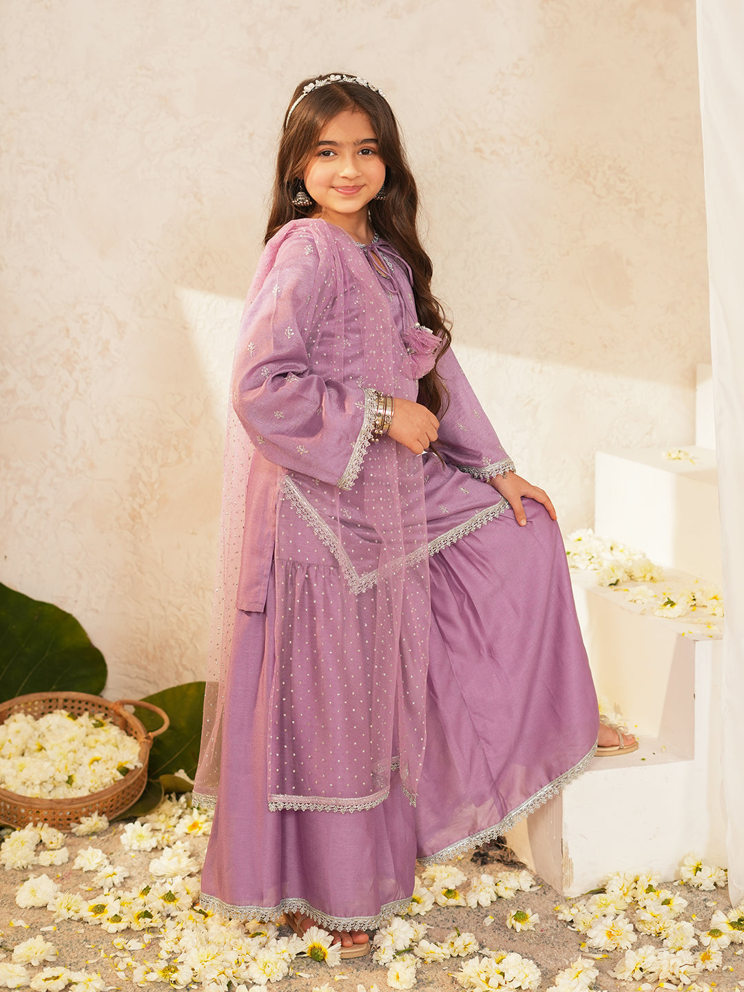 Pspeaches Girls Purple Ethnic Embroidered Silk Straight Fit Kurta & Sharara With Dupatta ( Sku-Sha-Purplevich )