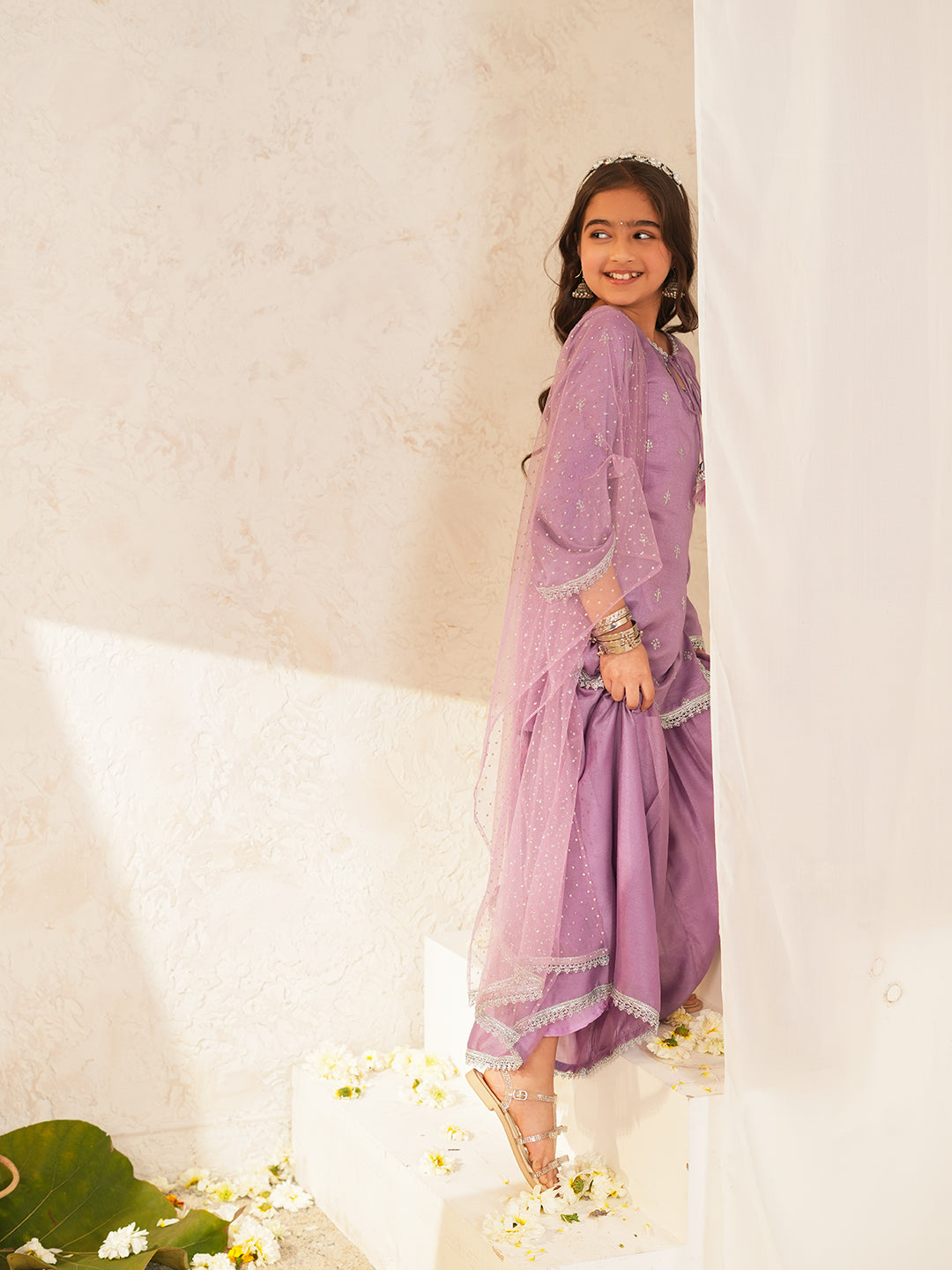 Pspeaches Girls Purple Ethnic Embroidered Silk Straight Fit Kurta & Sharara With Dupatta ( Sku-Sha-Purplevich )