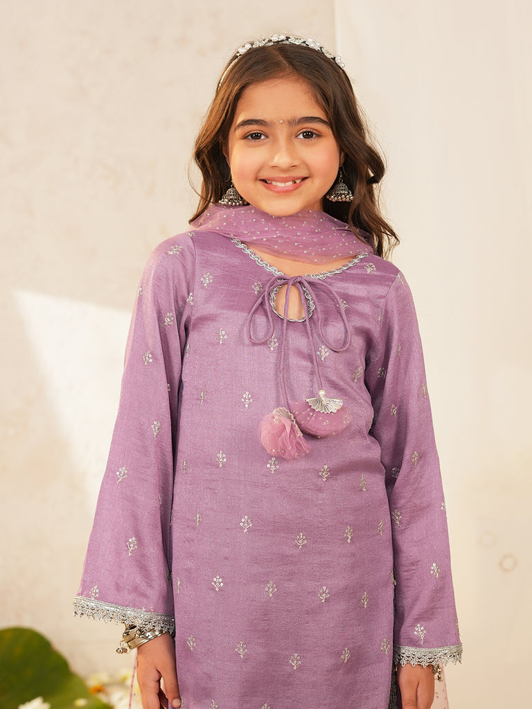 Pspeaches Girls Purple Ethnic Embroidered Silk Straight Fit Kurta & Sharara With Dupatta ( Sku-Sha-Purplevich )