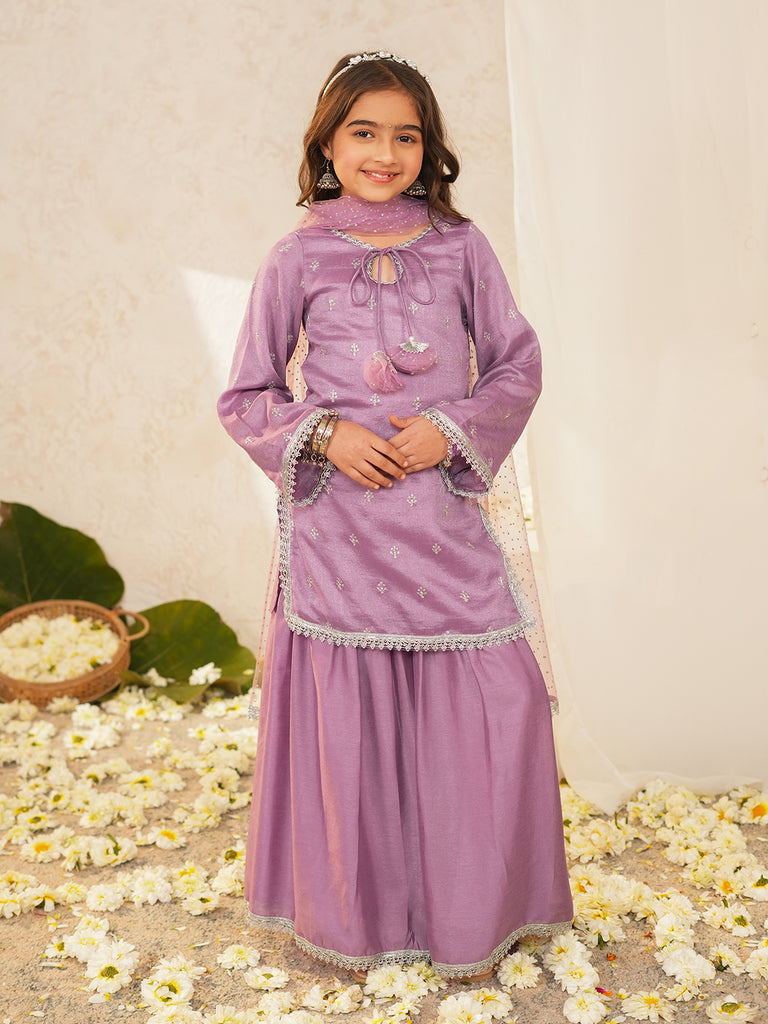 Pspeaches Girls Purple Ethnic Embroidered Silk Straight Fit Kurta & Sharara With Dupatta ( Sku-Sha-Purplevich )
