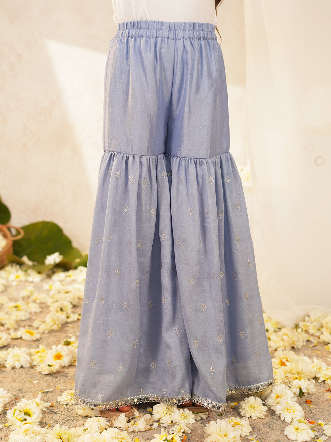 Pspeaches Girls Powder-Blue Ethnic Embroidered Crepe A-Line Kurta & Sharara With Dupatta ( Sku-Sha-Powderbluevich )