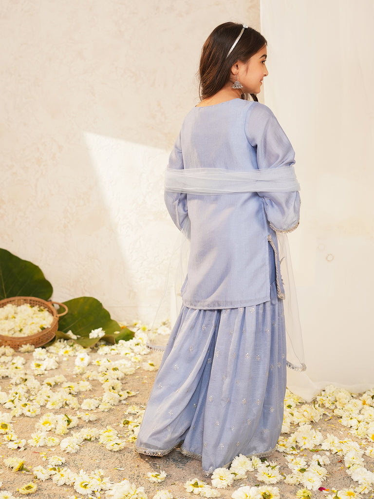 Pspeaches Girls Powder-Blue Ethnic Embroidered Crepe A-Line Kurta & Sharara With Dupatta ( Sku-Sha-Powderbluevich )