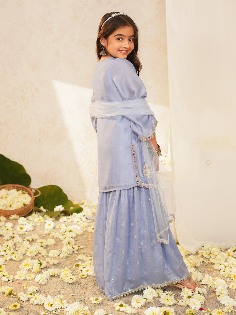 Pspeaches Girls Powder-Blue Ethnic Embroidered Crepe A-Line Kurta & Sharara With Dupatta ( Sku-Sha-Powderbluevich )