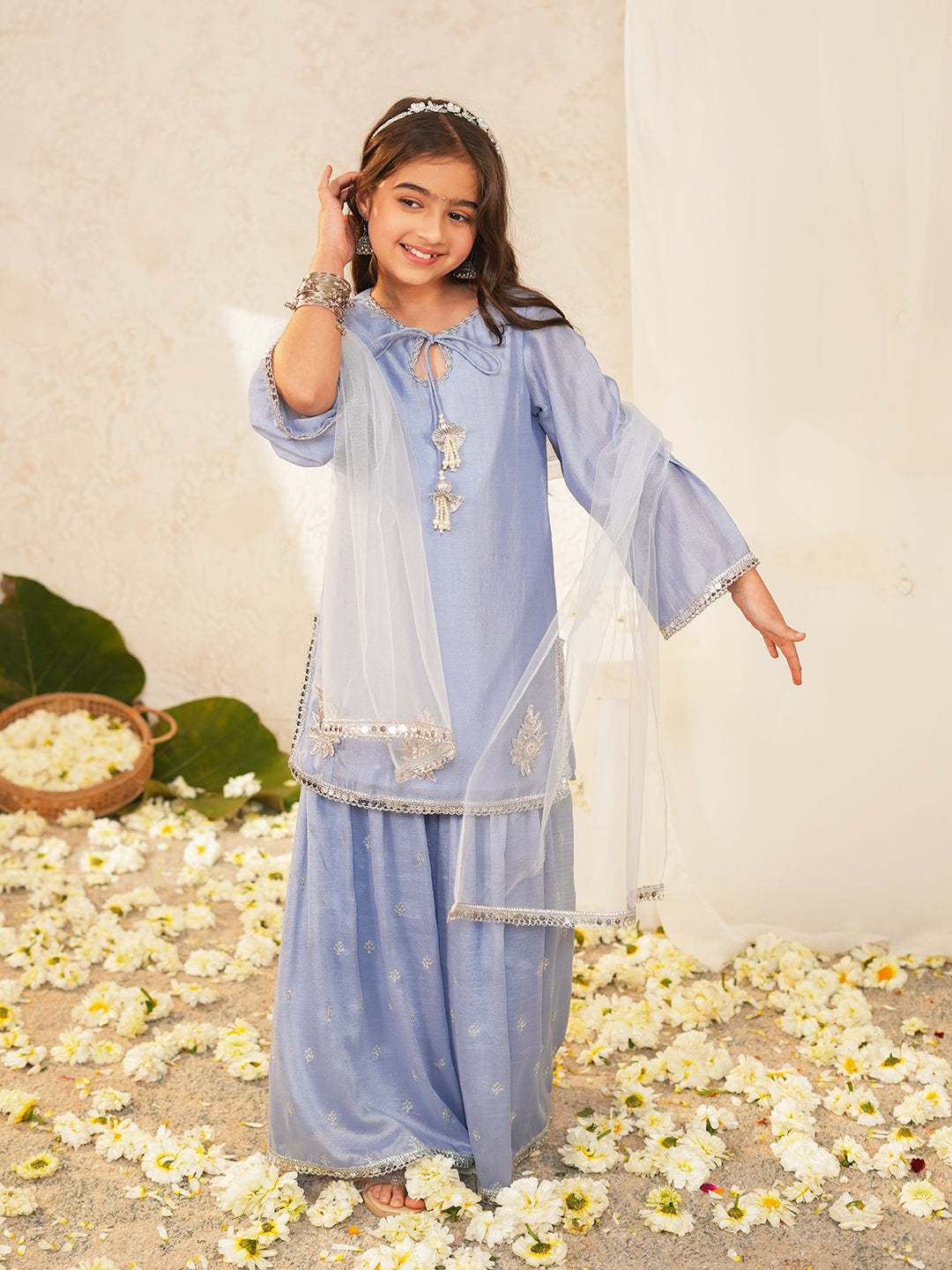 Pspeaches Girls Powder-Blue Ethnic Embroidered Crepe A-Line Kurta & Sharara With Dupatta ( Sku-Sha-Powderbluevich )