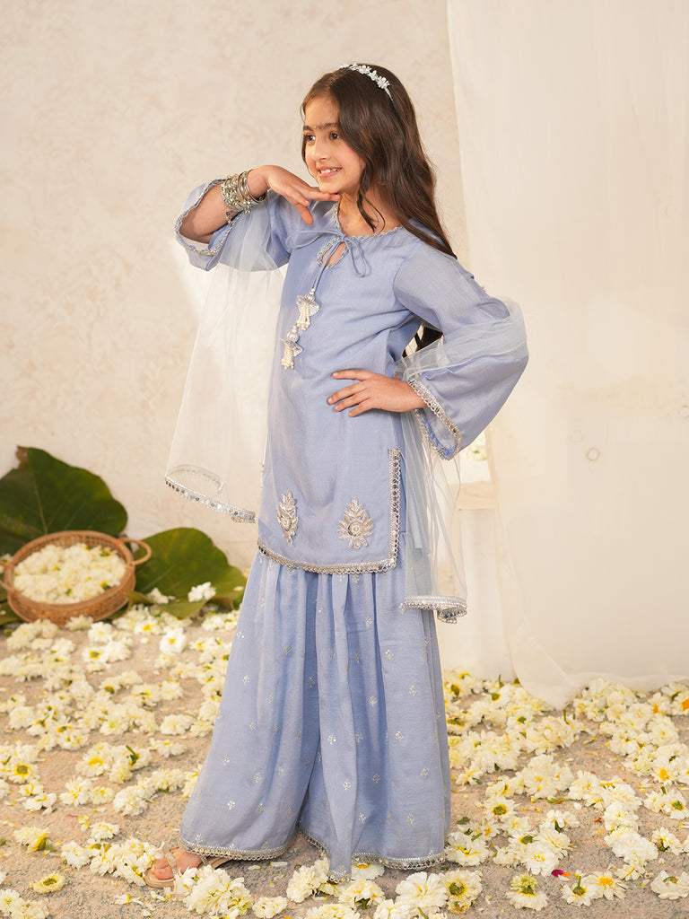 Pspeaches Girls Powder-Blue Ethnic Embroidered Crepe A-Line Kurta & Sharara With Dupatta ( Sku-Sha-Powderbluevich )