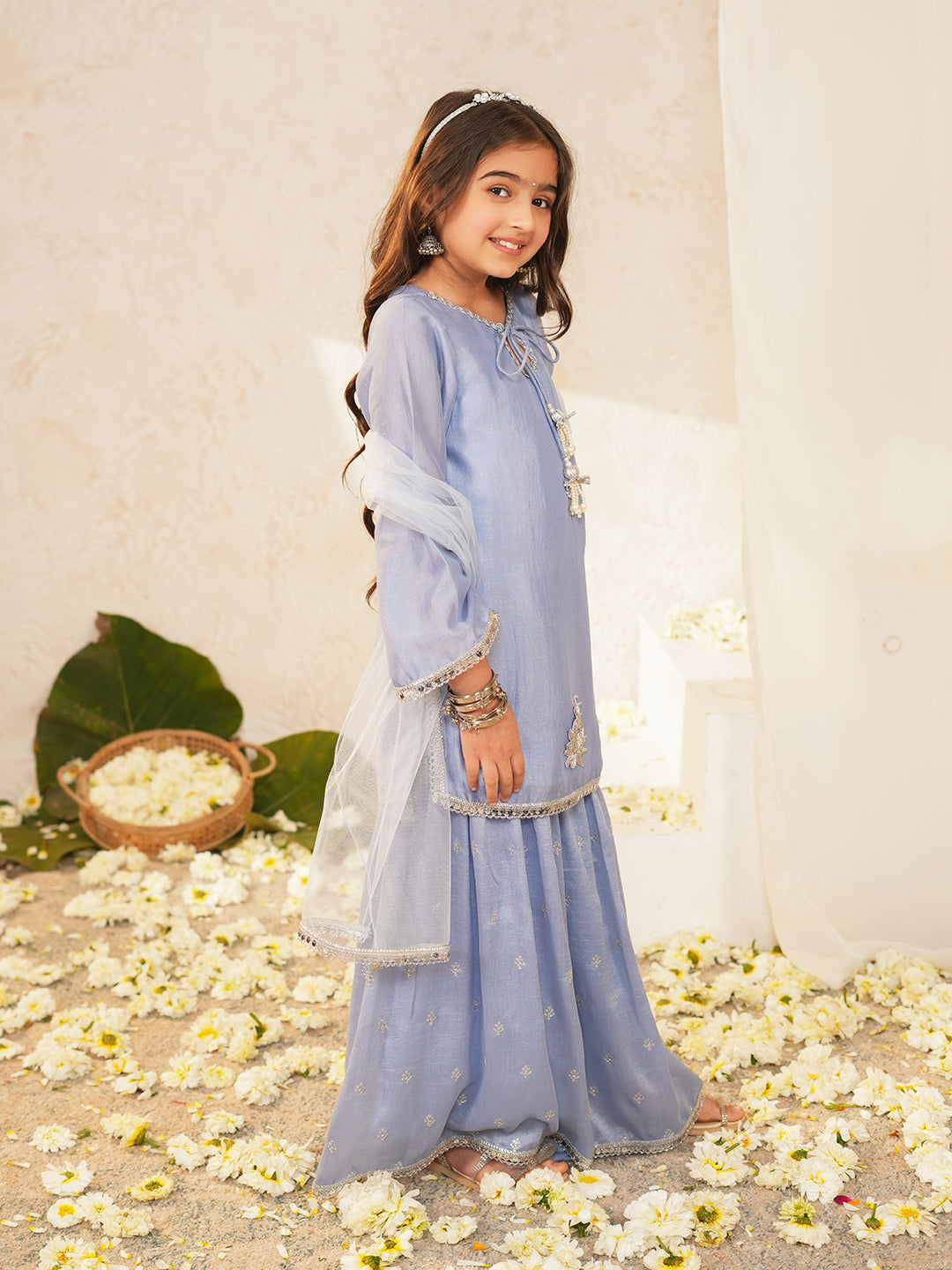 Pspeaches Girls Powder-Blue Ethnic Embroidered Crepe A-Line Kurta & Sharara With Dupatta ( Sku-Sha-Powderbluevich )
