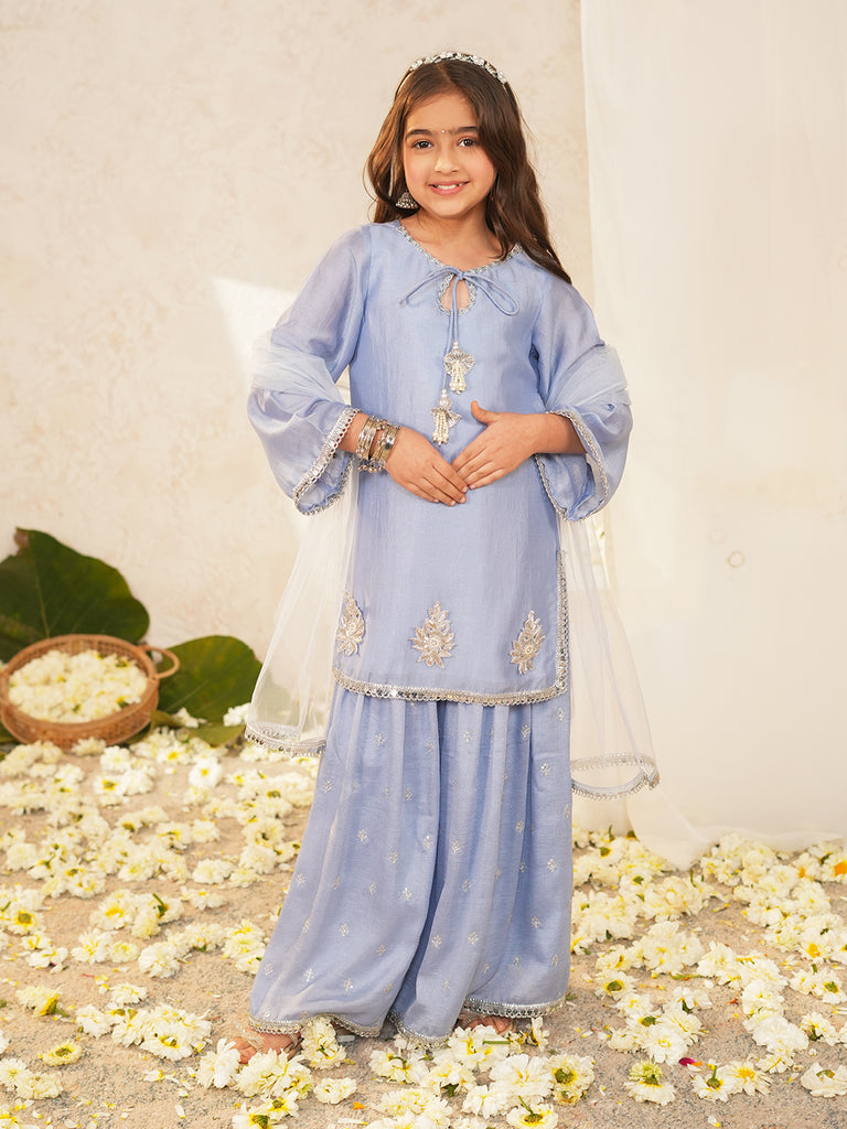 Pspeaches Girls Powder-Blue Ethnic Embroidered Crepe A-Line Kurta & Sharara With Dupatta ( Sku-Sha-Powderbluevich )