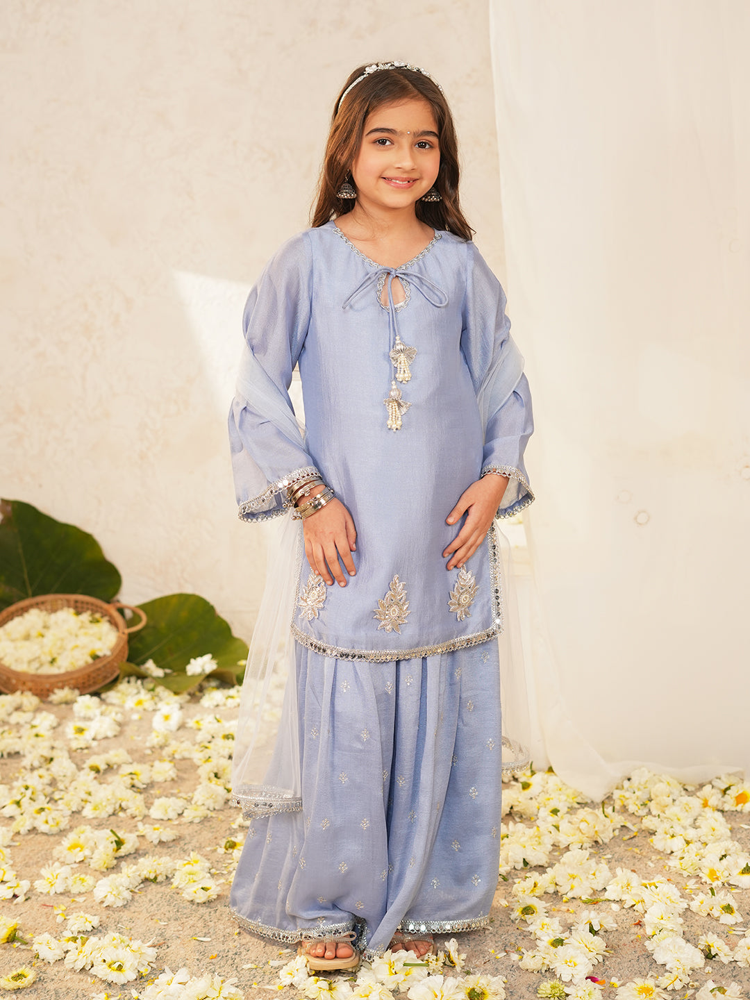 Pspeaches Girls Powder-Blue Ethnic Embroidered Crepe A-Line Kurta & Sharara With Dupatta ( Sku-Sha-Powderbluevich )