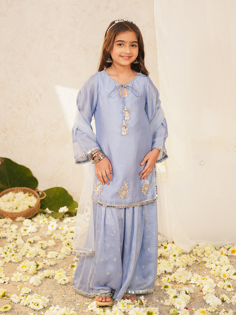Pspeaches Girls Powder-Blue Ethnic Embroidered Crepe A-Line Kurta & Sharara With Dupatta ( Sku-Sha-Powderbluevich )