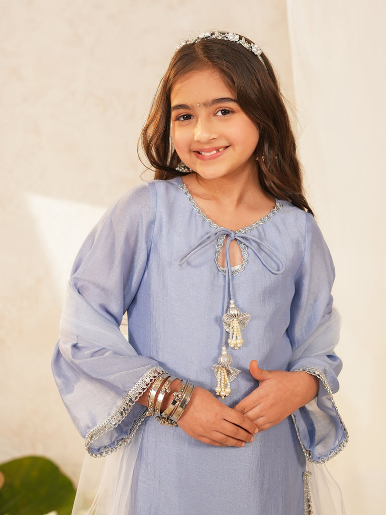 Pspeaches Girls Powder-Blue Ethnic Embroidered Crepe A-Line Kurta & Sharara With Dupatta ( Sku-Sha-Powderbluevich )