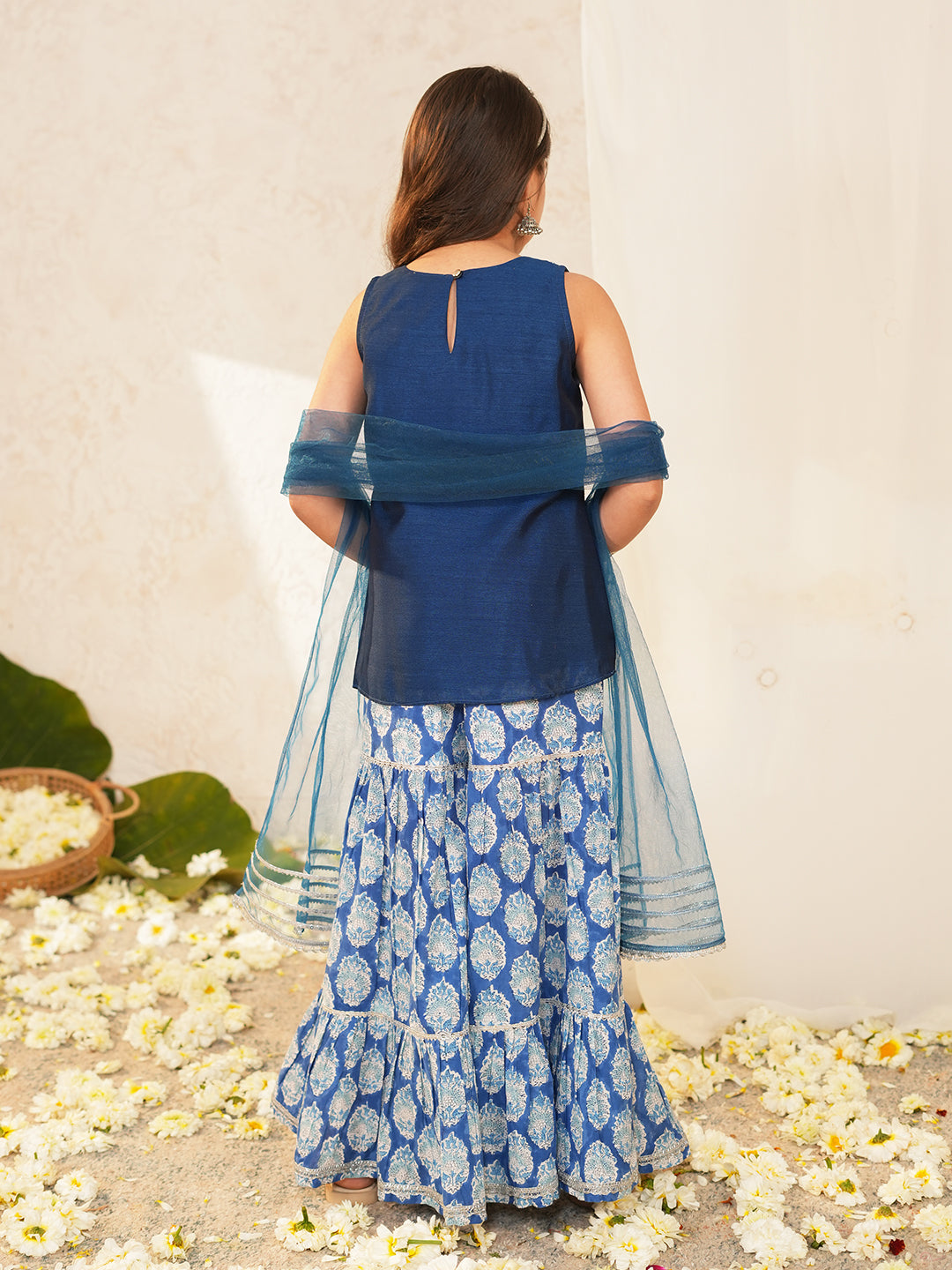 Pspeaches Girls Blue Ethnic Motifs Vichitra Silk Straight Fit Kurta & Sharara With Dupatta ( Sku-Sha-Bluevich )
