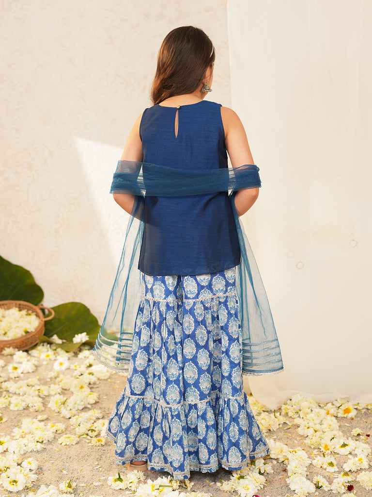 Pspeaches Girls Blue Ethnic Motifs Vichitra Silk Straight Fit Kurta & Sharara With Dupatta ( Sku-Sha-Bluevich )