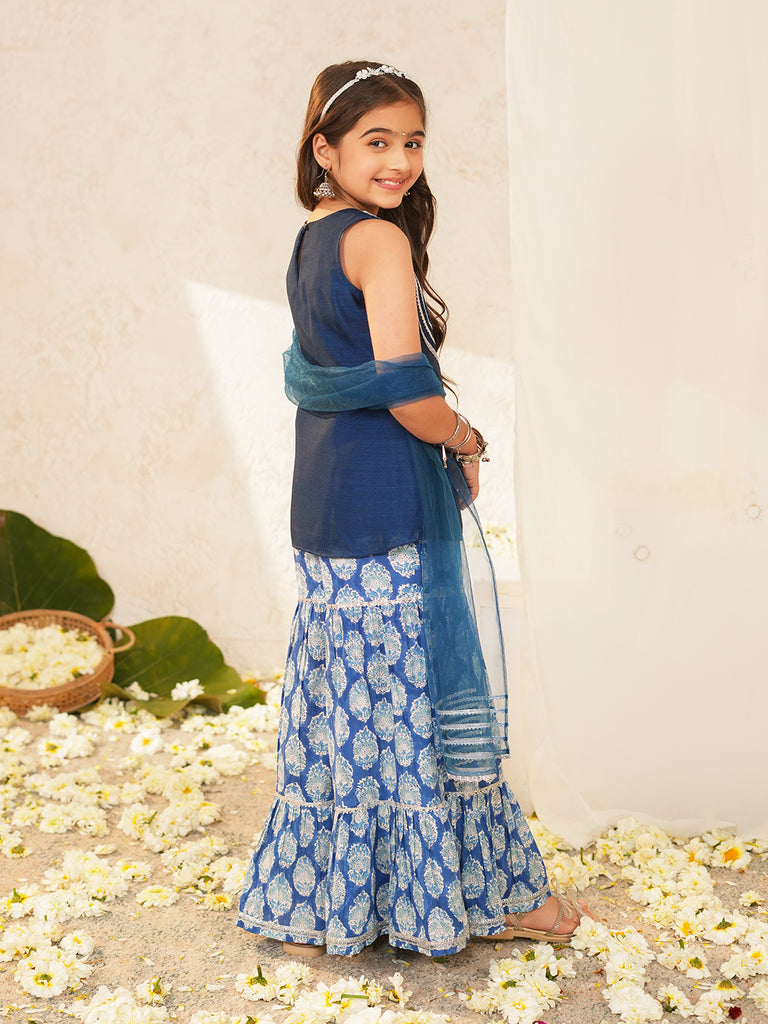Pspeaches Girls Blue Ethnic Motifs Vichitra Silk Straight Fit Kurta & Sharara With Dupatta ( Sku-Sha-Bluevich )