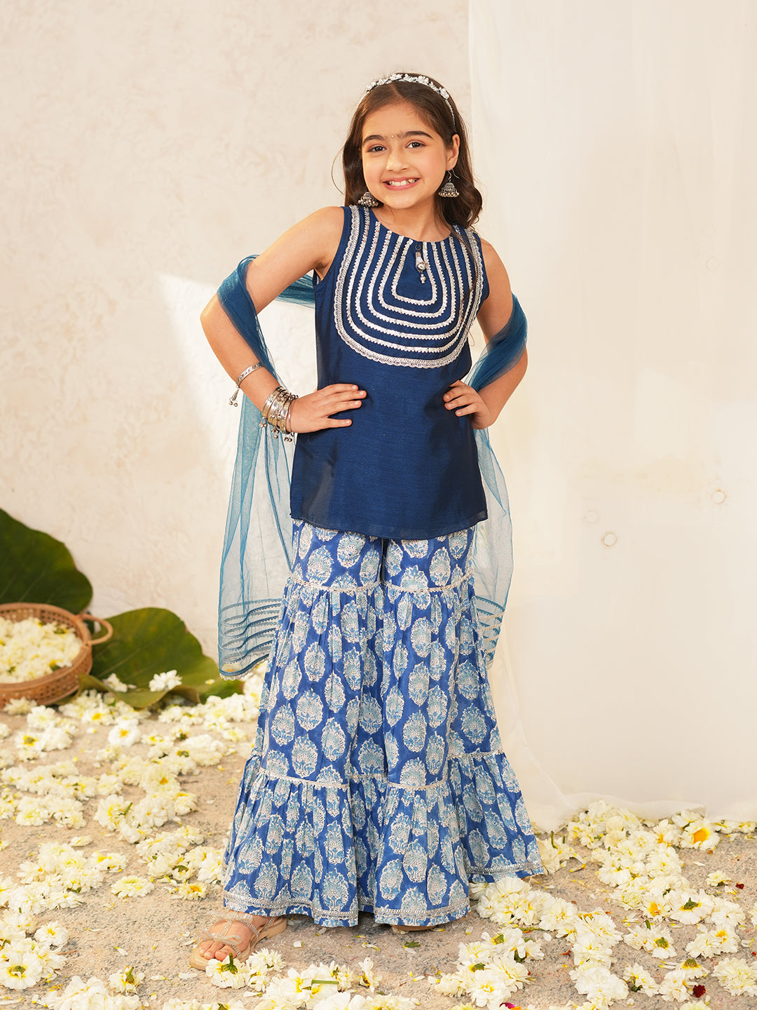Pspeaches Girls Blue Ethnic Motifs Vichitra Silk Straight Fit Kurta & Sharara With Dupatta ( Sku-Sha-Bluevich )