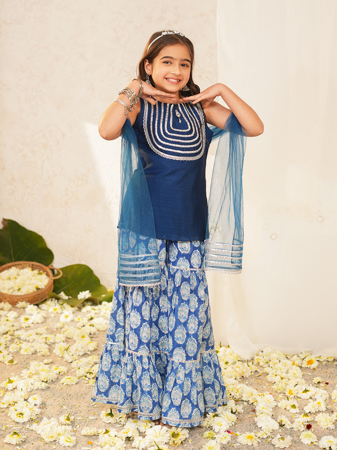 Pspeaches Girls Blue Ethnic Motifs Vichitra Silk Straight Fit Kurta & Sharara With Dupatta ( Sku-Sha-Bluevich )
