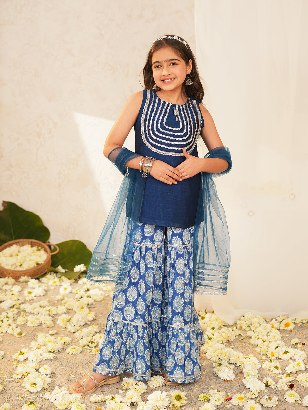 Pspeaches Girls Blue Ethnic Motifs Vichitra Silk Straight Fit Kurta & Sharara With Dupatta ( Sku-Sha-Bluevich )