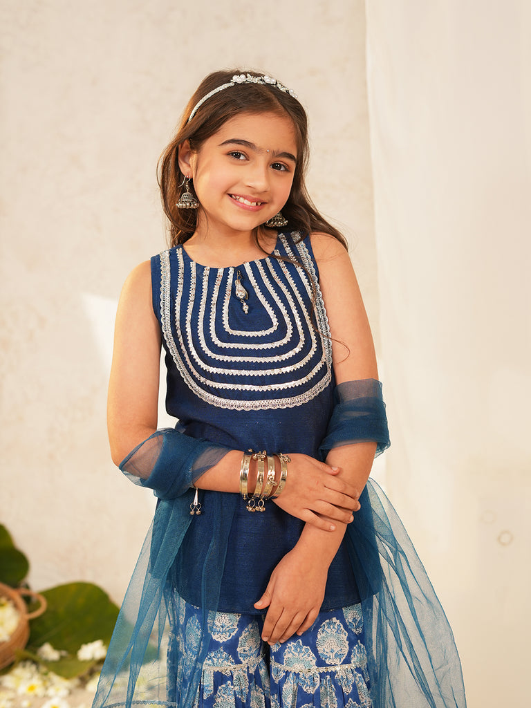 Pspeaches Girls Blue Ethnic Motifs Vichitra Silk Straight Fit Kurta & Sharara With Dupatta ( Sku-Sha-Bluevich )