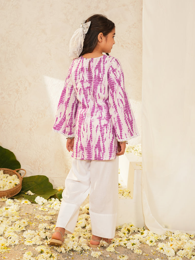 Pspeaches Girls White & Purple Ethnic shibori Cotton A-Line Kurta With Pant ( Sku-Ks-Ltpurshib )