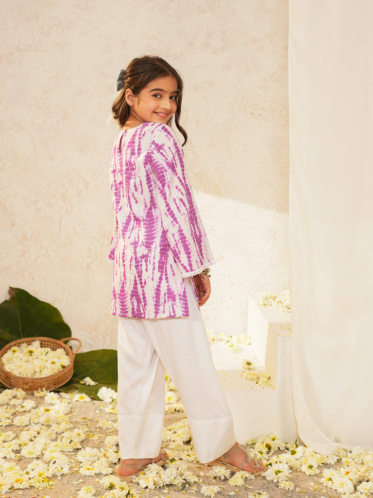Pspeaches Girls White & Purple Ethnic shibori Cotton A-Line Kurta With Pant ( Sku-Ks-Ltpurshib )