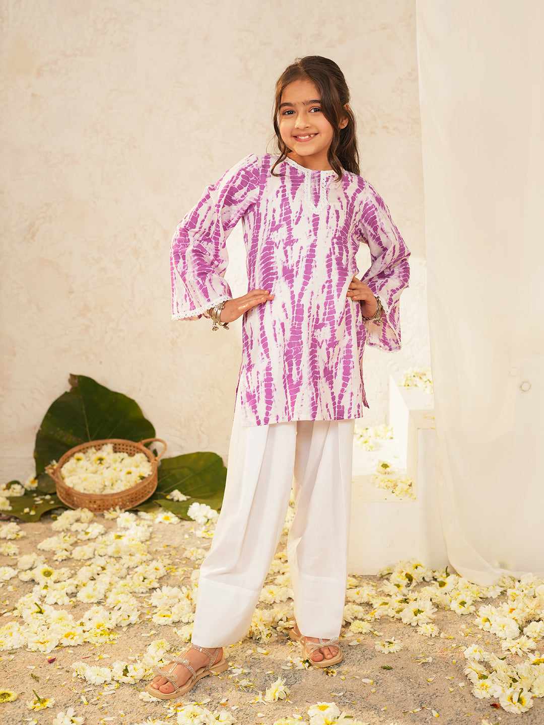 Pspeaches Girls White & Purple Ethnic shibori Cotton A-Line Kurta With Pant ( Sku-Ks-Ltpurshib )