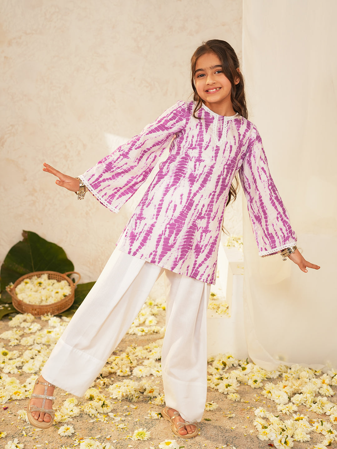 Pspeaches Girls White & Purple Ethnic shibori Cotton A-Line Kurta With Pant ( Sku-Ks-Ltpurshib )