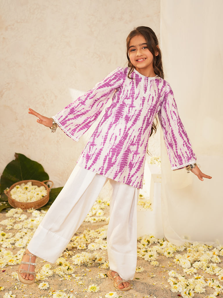 Pspeaches Girls White & Purple Ethnic shibori Cotton A-Line Kurta With Pant ( Sku-Ks-Ltpurshib )