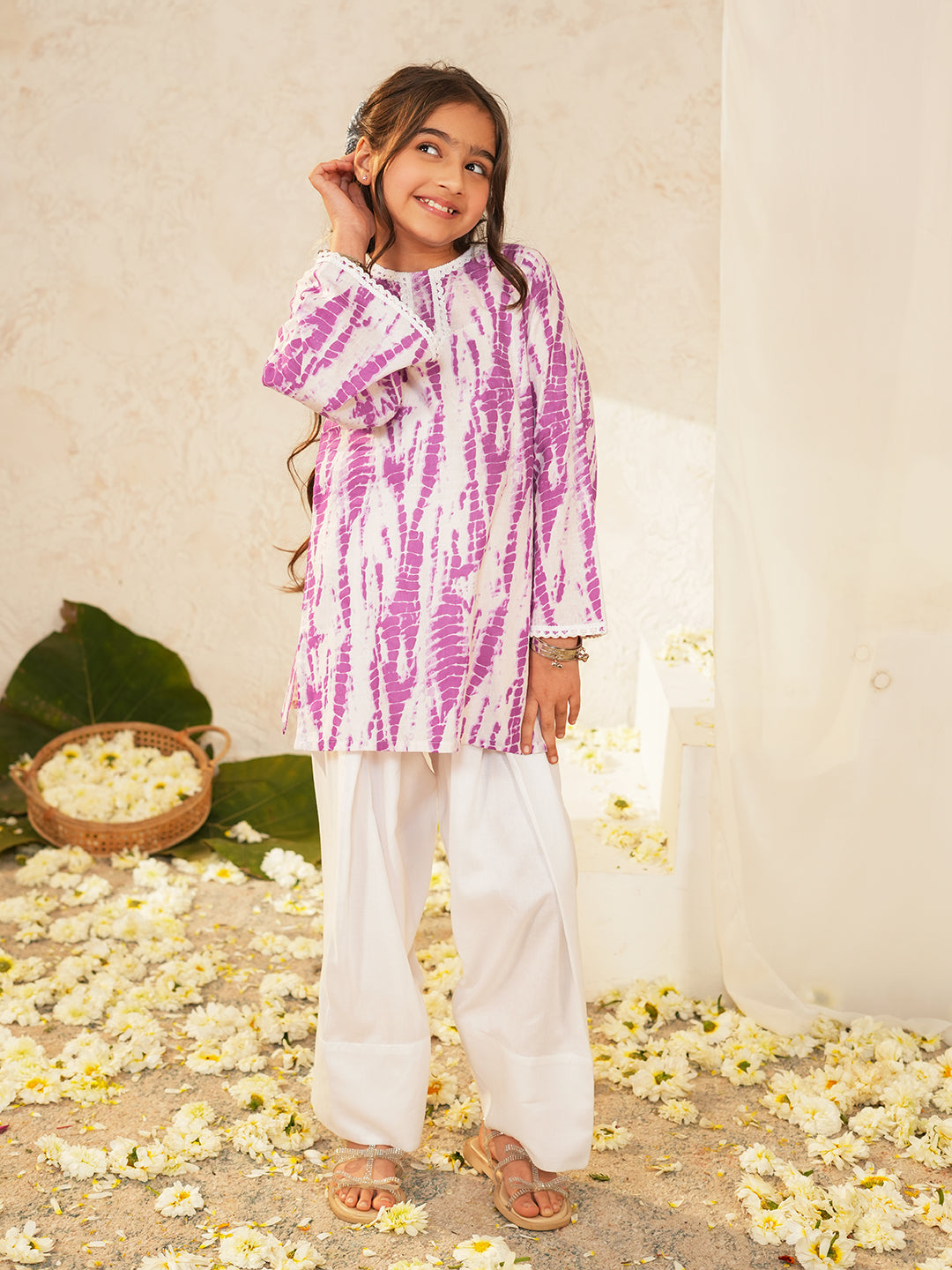 Pspeaches Girls White & Purple Ethnic shibori Cotton A-Line Kurta With Pant ( Sku-Ks-Ltpurshib )