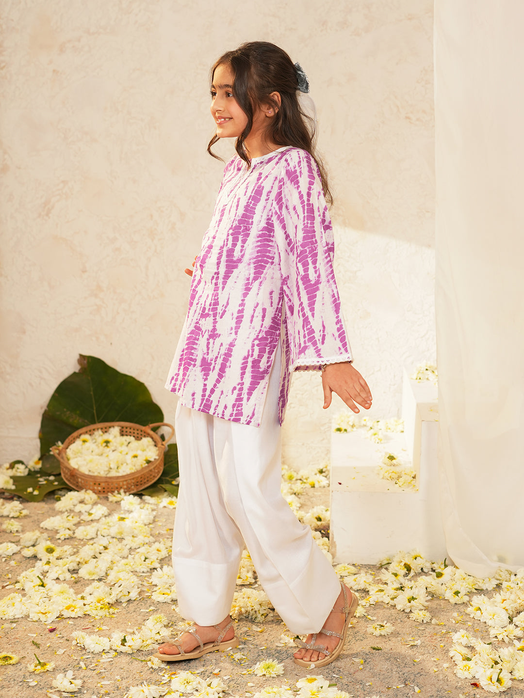 Pspeaches Girls White & Purple Ethnic shibori Cotton A-Line Kurta With Pant ( Sku-Ks-Ltpurshib )