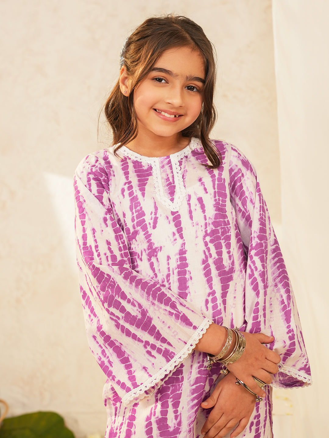 Pspeaches Girls White & Purple Ethnic shibori Cotton A-Line Kurta With Pant ( Sku-Ks-Ltpurshib )