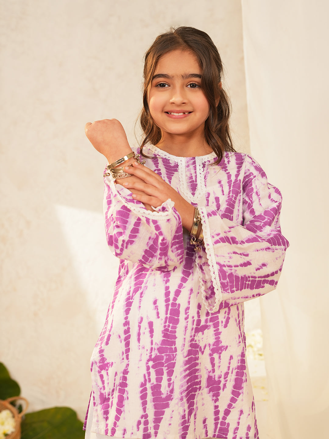 Pspeaches Girls White & Purple Ethnic shibori Cotton A-Line Kurta With Pant ( Sku-Ks-Ltpurshib )
