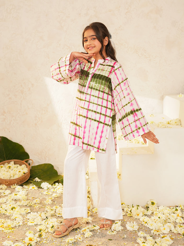 Pspeaches Girls White Ethnic shibori Cotton A-Line Kurta With Pant ( Sku-Ks-Greenpinkshib )