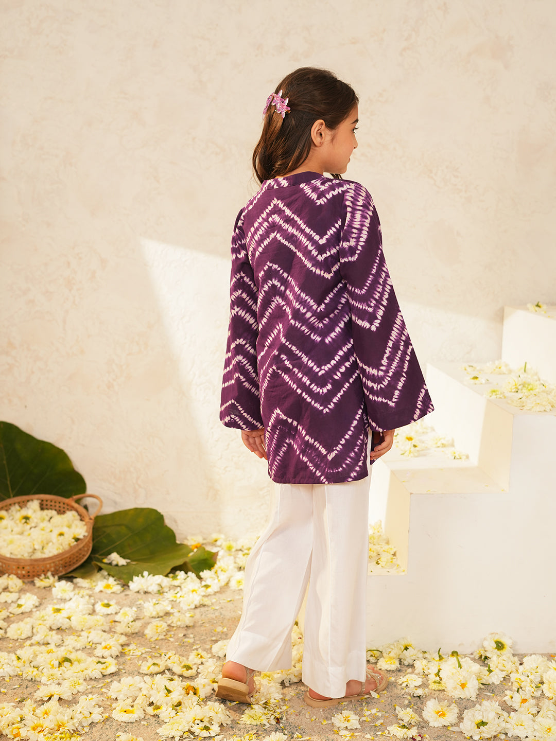 Pspeaches Girls Purple Ethnic Shibori Cotton A-Line Kurta With Pant ( Sku-Ks-Purple )