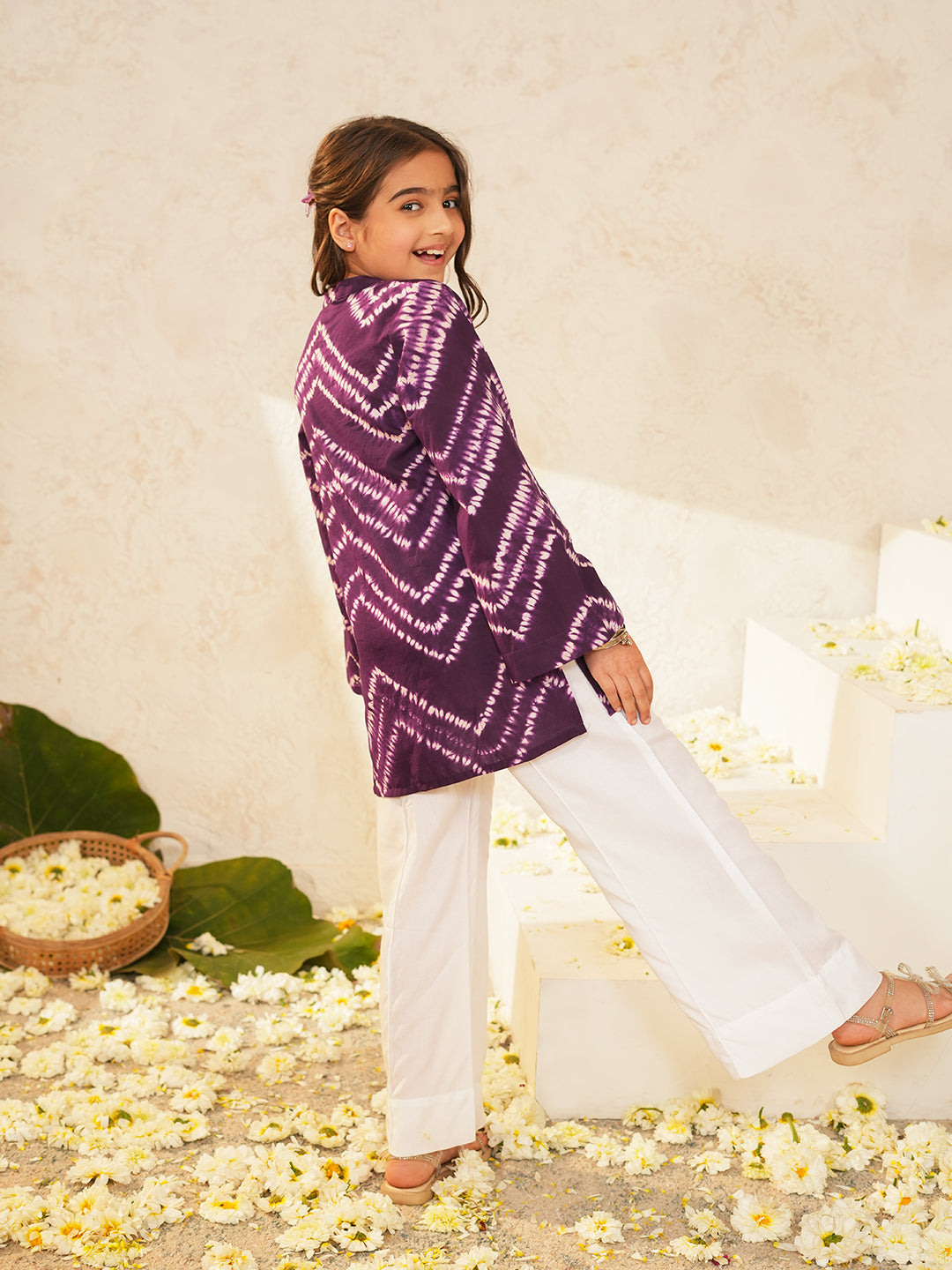 Pspeaches Girls Purple Ethnic Shibori Cotton A-Line Kurta With Pant ( Sku-Ks-Purple )