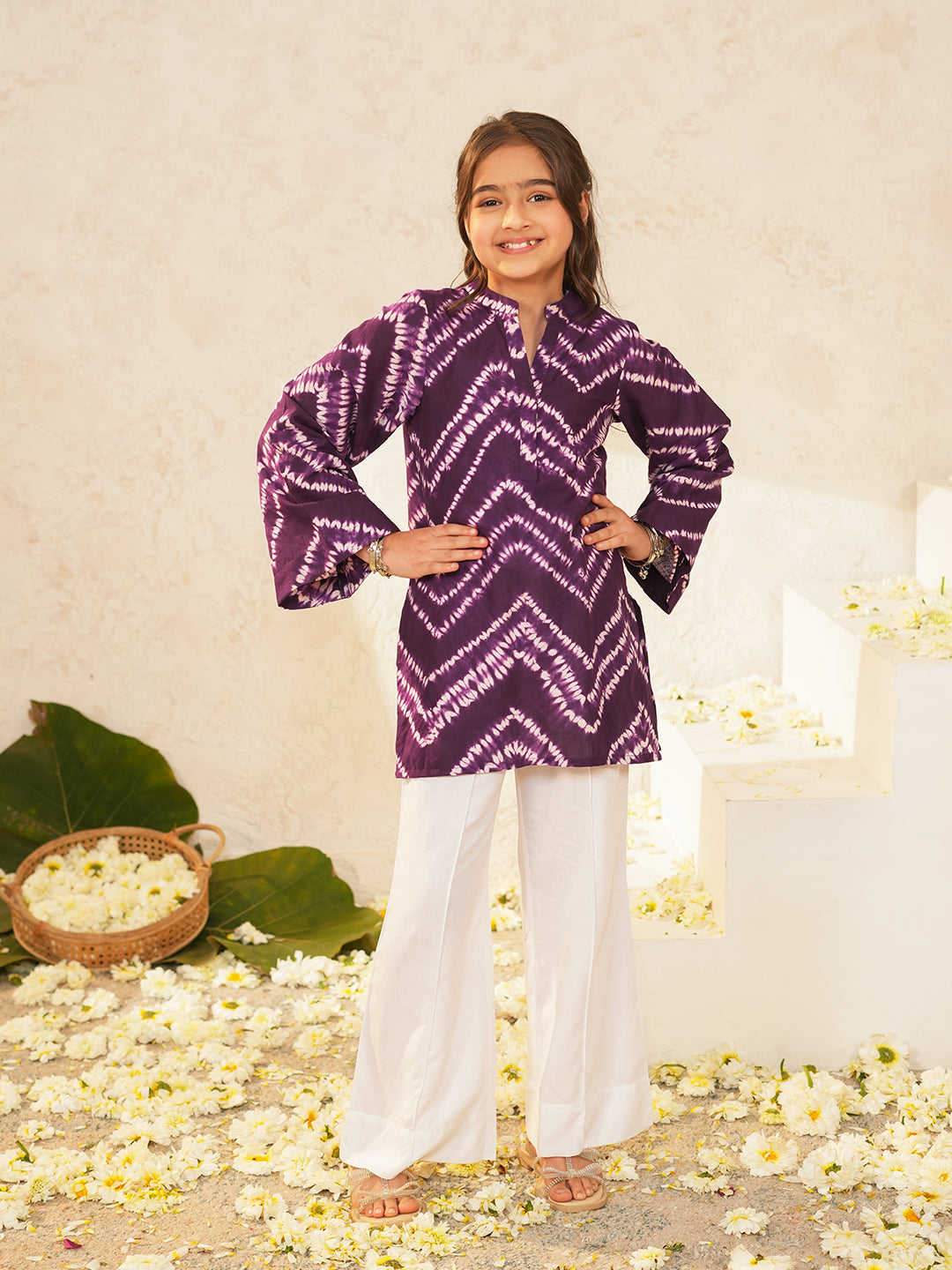 Pspeaches Girls Purple Ethnic Shibori Cotton A-Line Kurta With Pant ( Sku-Ks-Purple )