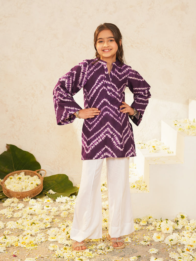 Pspeaches Girls Purple Ethnic Shibori Cotton A-Line Kurta With Pant ( Sku-Ks-Purple )