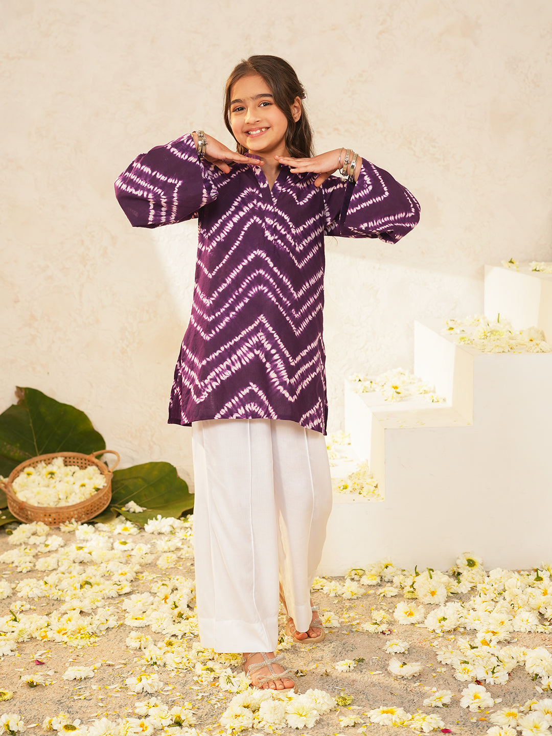Pspeaches Girls Purple Ethnic Shibori Cotton A-Line Kurta With Pant ( Sku-Ks-Purple )