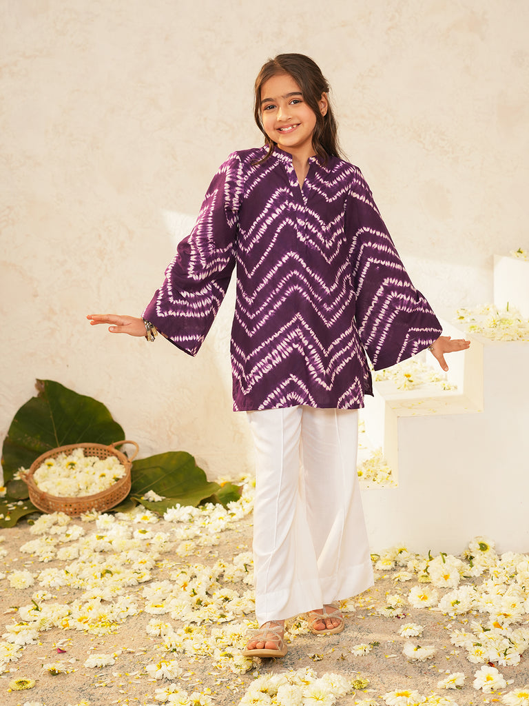 Pspeaches Girls Purple Ethnic Shibori Cotton A-Line Kurta With Pant ( Sku-Ks-Purple )