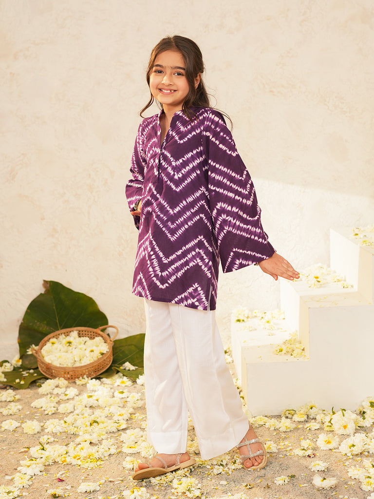 Pspeaches Girls Purple Ethnic Shibori Cotton A-Line Kurta With Pant ( Sku-Ks-Purple )