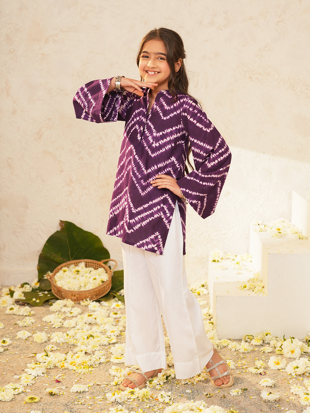 Pspeaches Girls Purple Ethnic Shibori Cotton A-Line Kurta With Pant ( Sku-Ks-Purple )